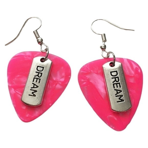 HAND Crafted Drop Earrings Repurposed Guitar Picks Inspirational Message - Picture 1 of 4